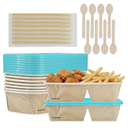 8 Pack 32oz Paper Lunch Box Bento Boxes, 2-Compartment Food Storage Containers with Lids, Leakproof Soak-Proof and Microwave Safe, Disposable To Go Boxes for Picnics, Offices, Catering, Blue Lid - color: Blue