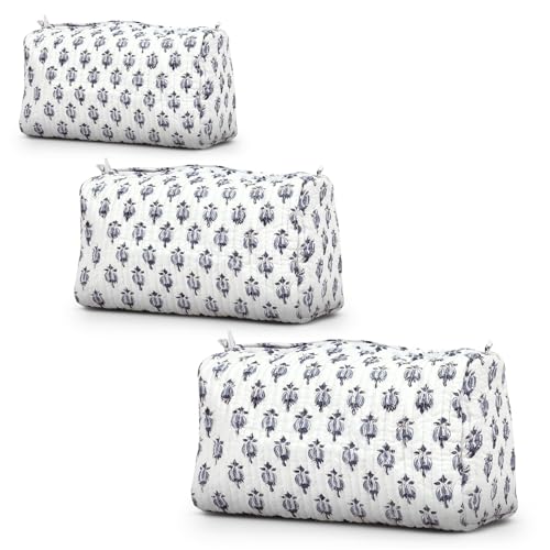Cotton Hand Block Floral Print Toiletry Bag For Women Make Up Cosmetic Bag Jewelry Organizer Kit Storage Case Travel Accessories Essential Toiletries Purse Pouch (White - Small Medium Large, Set of 3) - color: White, size: Set of 3
