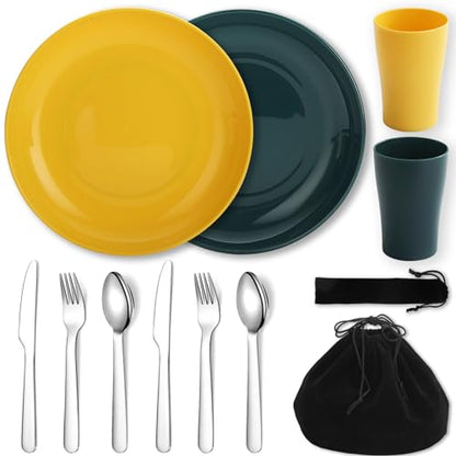 Evanda Camping Cutlery Set, Reusable Light Weight Mug, Plate and Stainless Steel Cutlery Set with Black Bag, Dishwasher Safe - color: 2.2 Person
