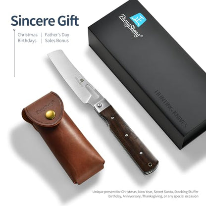 ZhengSheng Folding Chef Knife with Leather Pouch 4.8" Sharp 440A Stainless Steel Blade Wooden Handle Pocket Foldable Japanese Style Kitchen Knife for Outdoor Camping Cooking. - color: #5 Natural wooden Handle - Leather Pouch