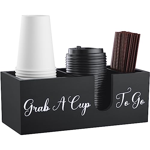 ALELION Coffee Cup Holder for Countertop - Wood Coffee Bar Accessories and Organizer - Coffe Station Organizer for Cup Lid Stirrers Pod - color: Black, size: Medium