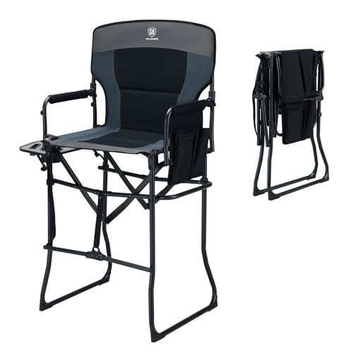 EVER ADVANCED Portable 30.7" Seat Height Tall Folding Camping Chair Directors Chair High Foldable Bar Stool with Side Table for Makeup Artist, Sports Event, Craft Show, Supports 350LBS - color: Dark Grey
