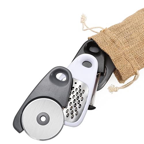 5 Pieces Kitchen Gadgets Set - Space Saving Cooking Tools Accessories Cheese Chocolate Grater, Fruit Vegetable Peeler, Bottle Opener, Pizza Cutter, Burlap Bags with Drawstring Gift Set - color: Black White Gray 4pcs