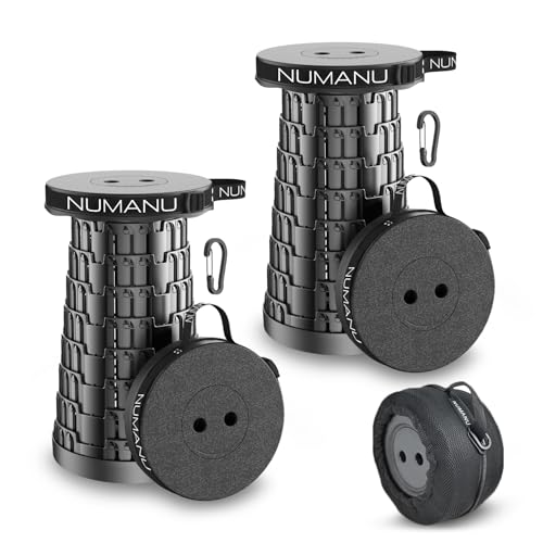 NUMANU 2PK 2026 Upgraded Collapsible Stool, Max 620lbs, 18" H Adjustable Portable Folding Stool for Adults, Retractable Foldable Telescopic Seat Camping Chair or Footrest - size: 2x Hard Seats + Accessories
