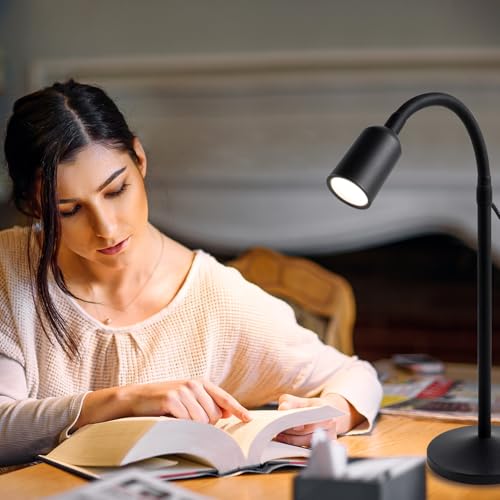 DAMI Small Desk Lamp with Flexible Gooseneck, USB Reading Light Nightstand with 3 Color Temperatures, Dimmable Eye-Caring Bedside Table Lamp for Home Office Bedroom Dorm RV - Black - color: Black