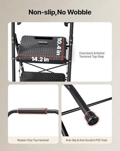 VEVOR 4 Step Ladder, Folding Step Stool with Wide Anti-Slip Pedal, Tool Tray, Comfort Handgrip, 600 lbs Capacity Portable Steel Ladder, Multi-Use for Kitchen, Home, Household and Office, Black - size: 18.3 x 35.8 x 57 in(Expanded)