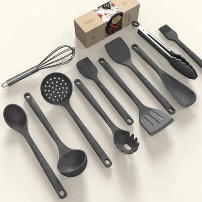 Silicone Cooking Utensils Set - 600°F Heat Resistant, Nonstick Kitchen Utensil Set with Spatulas, Spoons, Whisk, Tongs, BPA Free, Dishwasher Safe (Gray) - color: Gray