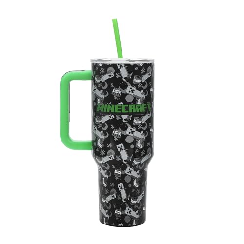 Bioworld Minecraft Creeper & TNT 40 Oz Black Stainless Steel Tumbler With Handle - color: Minecraft Creeper & TNT Blue