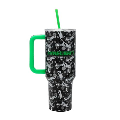Bioworld Minecraft Creeper & TNT 40 Oz Black Stainless Steel Tumbler With Handle - color: Minecraft Creeper & TNT Blue
