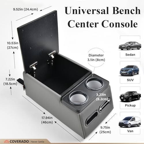 Coverado Car Center Console, Universal Bench Seat Center Consoles, Center Console for Van, Back Seat Storage Box, Rear Seat Car Console Organizer with Cup Holder, Central Armrest Box (Regular, Gray) - color: Gray, style: Regular