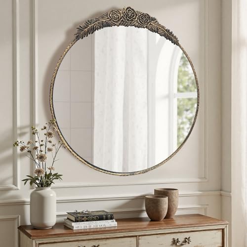 Growsun Round Wall Mirror with Vintage Black Floral Frame – 24 Inch Decorative Wall Mirror for Living Room, Bedroom, Entryway, Bathroom Vanity – Elegant Antique Accent Home Décor - color: Dot-vintage Black, size: 24"L x 24"W