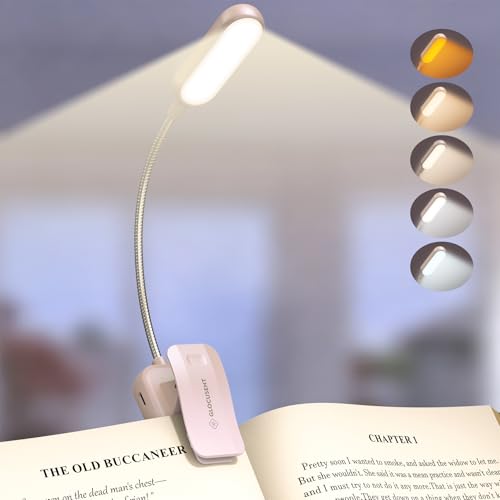 Glocusent 20 LED Reading Lights for Books in Bed, Eye Caring Reading Light, 5 Colors & 5 Brightness 3–100LM Dimmable, 1200mAh Rechargeable Book Light to 90H, Lightweight Clip on Light for Book Lovers - color: Pink