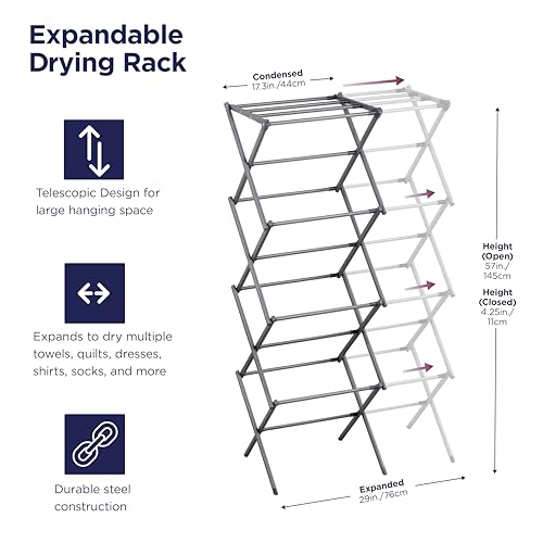BLACK+DECKER 4-Tier Expandable Collapsible Clothes Drying Rack, Telescopic Height, Foldable Space-Saving Laundry Air Dryer for Towels, Shirts & Delicates – Durable Steel, No Tools Needed - color: Silver/Grey