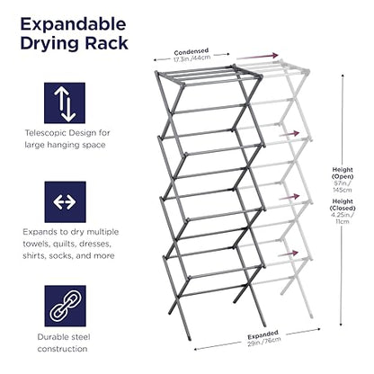 BLACK+DECKER 4-Tier Expandable Collapsible Clothes Drying Rack, Telescopic Height, Foldable Space-Saving Laundry Air Dryer for Towels, Shirts & Delicates – Durable Steel, No Tools Needed - color: Silver/Grey