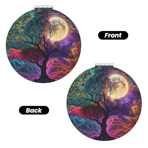 Magic Fantasy Tree Moon Art Print Foldable Travel Pocket Mirror Round PU Leather Portable Mini Makeup Double Sided Handheld Magnifying,2.6 in - color: Magic Fantasy Tree Moon Art