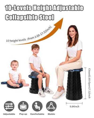 Portable Collapsible Stool Chair, Lightweight Folding Camping Stools for Adults 600LBS, Adjustable Retractable Foldable Seat for Backpack, Travel, Black - color: Dark Black
