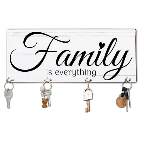 4“x 10” Wooden Key Holder with 4 Hooks - Family is Everything Decorative Key Organizer for Wall - Home Office Kitchen Hallway Entryway Wall Decor for Keys, Dog Leash Hanging - A06 - color: Family Is Everything