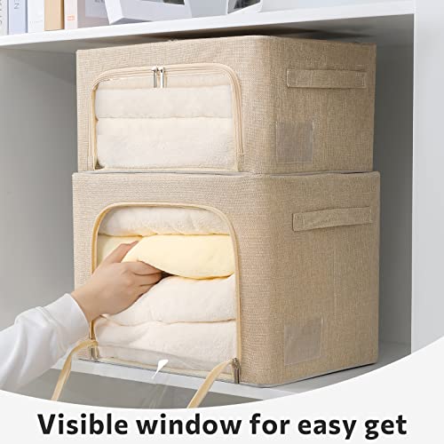 FHSQX 2 Pack Clothes Storage Bins with Metal Frame, Beige, 15.7x11.8x11.7 Inch - color: Beige, size: 15.7x 11.8x 11.7 Inch