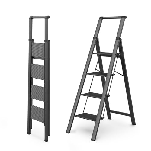 WOA WOA 4 Step Ladder, Ladders for Home, Anti-Slip Aluminum Pedals, Step Stool Foldable, Lightweight to Move, Ease of Storage, Reach 9ft for Closet Kitchen Library, Hold 300lbs - Black - color: Black, size: 4 Step