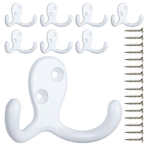 IBosins 8 Pack Heavy Duty Double Prong Coat Hooks Wall Mounted with 16 Screws Retro Double Hooks Utility Hooks for Coat, Scarf, Bag, Towel, Key, Cap, Cup, Hat - color: 8 Pcs White