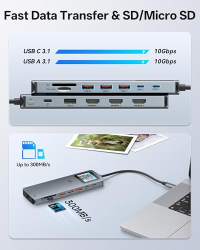Selore USB C Docking Station 3 HDMI, 13-in-1 Laptop Docking Station with Triple 4K HDMI, Smart Display, 2.5G Ethernet, 100W PD, 10Gbps USB A/C 3.1, SD/microSD Card Reader for Dell/HP/Lenovo Laptops - color: Space Grey