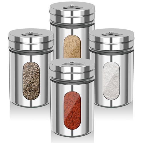 Salt and Pepper Shakers, Stainless Steel and Glass, Adjustable, 4 Pack | Glass Window Shows Fill Level, Multi-size Pour Holes for Coarse Kosher Salt, Sugar, Cinnamon, Spices in Kitchen, BBQ, Dining - color: 4 pcs salt shaker