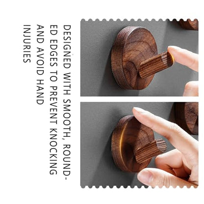 Wooden Wall Hooks 4 Pack Walnut Brown Adhesive for Hats Towels Coats | Solid walnut, Splinter free, No drill 3M adhesive & sealant, Rustic farmhouse, For entryway bathroom bedroom closet