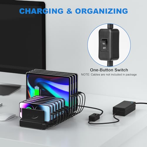 Charging Station for Multiple Devices, Cinlinso 60W 10 Port USB Fast Charging Station with Adjustable Dividers, Compatible with iPhone, iPad, Tablets and Cell Phone (Black)