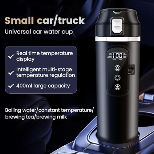DC 12V/24V Car Travel Electric Kettle, 400ml Car Heating Mug with Anti-Spill Lid, Leak-proof, 304 Stainless Steel Liner Portable Coffee Tea Cup Up to 100℃ Variable Temp Control Bottle - color: Black 12V/24V/400ml
