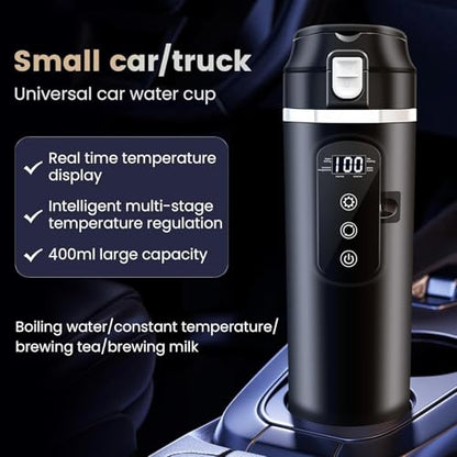 DC 12V/24V Car Travel Electric Kettle, 400ml Car Heating Mug with Anti-Spill Lid, Leak-proof, 304 Stainless Steel Liner Portable Coffee Tea Cup Up to 100℃ Variable Temp Control Bottle - color: Black 12V/24V/400ml