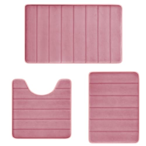 Pink Memory Foam Bath Mat Set, Bathroom Rugs for 3 Pieces, Toilet Mats, Soft Comfortable, Water Absorption, Non-Slip, Thick, Machine Washable, Easier to Dry for Floor Mats Pink Bathroom Sets - color: Stripe-pink