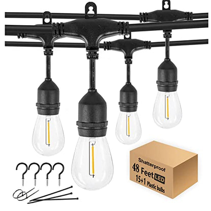 48FT Outdoor String Lights LED Heavy-Duty Waterproof Patio Lights with 16 Shatterproof Plastic 2200K Warm White Bulbs for Patio Gazebo Pergola Cafe Market Bistro - size: 48FT