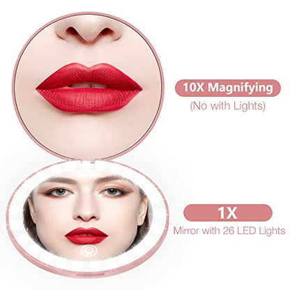 wobsion 10X Magnifying Tabletop Mirror, Touch Dimmable, 3 Color Temperature Adjustment, Auto Light Off, Rechargeable, Compact 4 inch x 0.8 inch - color: 4inch Rechargeable Rose Gold