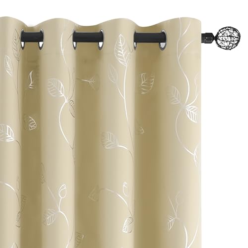 BUHUA Wave Silver Leaf Print Blackout Curtains for Living Room Darkening Curtains Light Blocking Curtains for Bedroom 66W×63L Beige 2 Panels - color: Silver Leaf /Beige, size: 66"W x 63"L (Pack of 2)