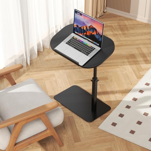 Solid Wood C Shaped Side Table for Sofa/Bed, Adjustable Height C Shaped End Table Metal Base, 360°Swivel/Flip Top Couch Tables That Slide Under, Small Spaces Laptop Stand Coffee Table (Black) - color: Black