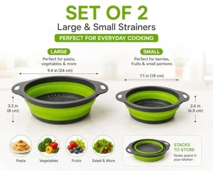 Collapsible Colander Set of 2, Folding Kitchen Strainers, Large & Small Silicone Drain Baskets for Pasta, Fruits and Vegetables