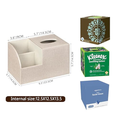 PU Leather Square Tissue Box Cover - Multi-Functional Tissue Box Holder, Tissue Box Cover with Storage,Tissue and Remote Control Holder, Cube Tissue Box Organizer Bedroom Nightstand End Table - color: Beige