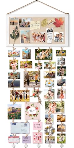 Bikoney Large Collage Picture Frame with Bulletin Board, Hanging Photo Display for Multiple Pictures, Wall Photo Organizer with 30 Clips & 6 Pushpins, Self Adhesive Hooks – No Drill Wood Photo Board for Room Decor - color: White&Large Display, size: 1-Pac