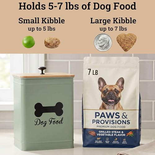 Dog Food Container Airtight 5-7 lb (25 Cup) Capacity - Cute Airtight Dog Food Storage Container with Bamboo Lid & Sturdy Metal Handle - Green Metal Kibble Storage Bin for Dogs up to 50 lbs - Pet Jar - color: Sage Green