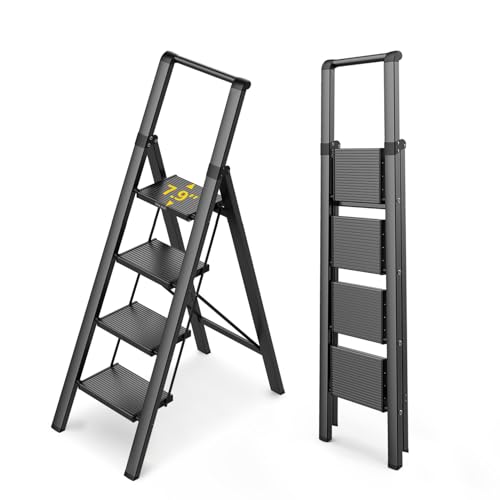 WOA WOA 4 Step Ladder for 10 Feet High Ceiling, Lightweight Foldable Ladder with Non-Slip Wide Pedals, Step Stool with Safe Handrail, Space Saving for Home, Kitchen, Indoor & Outdoor 300lbs - Black - color: Black, size: 4 Step