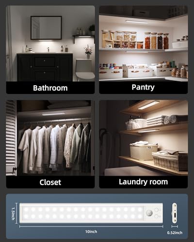 10inch Under Cabinet Lights, Motion Sensor Light Indoor, Wireless Closet Lights, 1800mAh Rechargeable Battery, Magnetic, 5 Levels Dimmable, Under Counter Lights for Kitchen, Bathroom (2 Pack) - size: 10inch