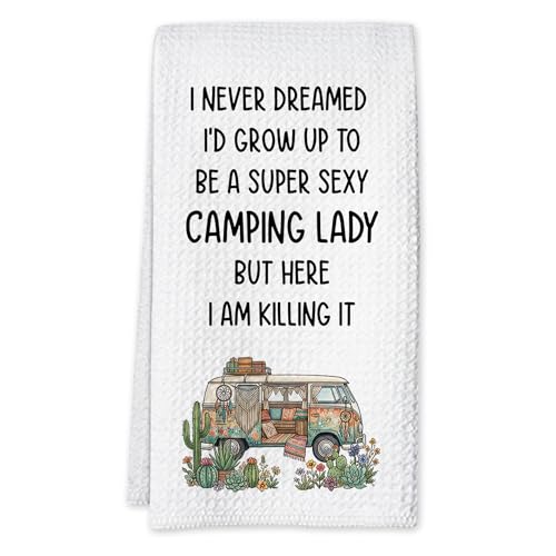 Camping Kitchen Towels 16x24 Waffle Weave, I Never Dreamed I’d Grow Up to Be a Super Sexy Camping Lady Dish Towels, Camp RV Gifts for Women, Gifts for Campers -A04 - color: Camping_04