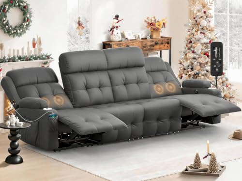 Reclining Couch, 113" PU Leather Sofa Recliner with Massage - 4 Seat Home Theater Seating Comfy Soft, Manual Wall Hugger Reclining with Lumbar Support Sofa Set for Family Living Room, Dark Gray - color: Dark Gray, size: 4 Seats