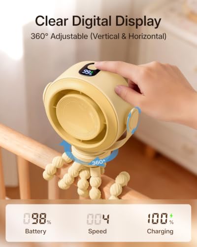 SWEETFULL Portable Stroller Fan, Pinch-Proof Baby Fan, 5-Speed Quiet Mini Clip on Fan, USB-C Rechargeable Battery, LED Display for Car Seat, Crib & Travel - Yellow - color: Yellow
