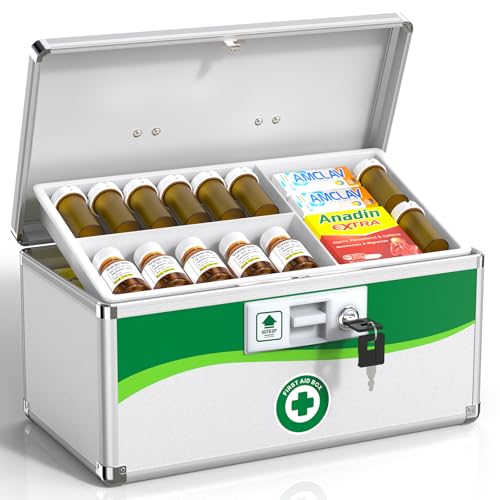 Medicine Lock Box with Keys, Small 12x7x7.7in, Aluminum Child-Safe Lock | Child-safe key lock, sturdy aluminum frame, anti-slip base, removable ABS tray, rust-proof handle, reinforced edges - size: Medium-12inch