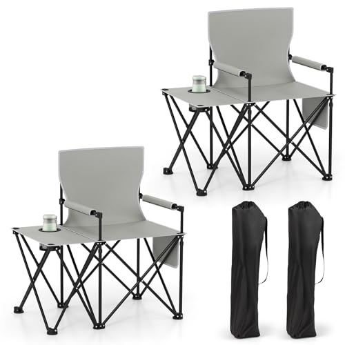 Goplus Oversized Camping Chair with Side Table, Folding Heavy-Duty Picnic Chair w/ 2 Storage Pockets, Cup Holder, Padded Armrests, Carrying Bag, Portable Outdoor Chair for Fishing RV Trip (Gray,2) - color: Grey