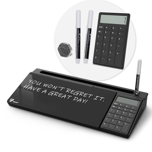 TOWON Desktop Glass Whiteboard with Basic Calculator, 12 Digit LCD Display, Desk Organizers with Accessories for Office, Home, School Supplies, Storage with Dry Erase Board Surface, Black, 17'' x 6'' - color: Black Calculator
