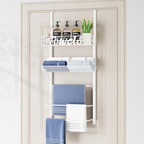 SWTYMIKI Over the Door Towel Racks for Bathroom - 5-Tier Wall Mounted Bathroom Towel Storage Organizer Holder with Metal Shelf, White - color: White
