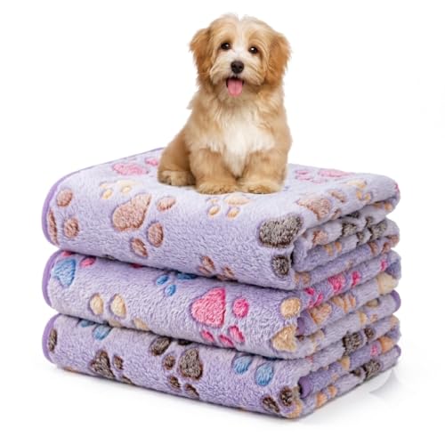 1 Pack 3 Blankets Fluffy Premium Fleece Soft Pet Blanket Flannel Throw for Cat Dog Puppy (Small 23x16'', Paw-Purple) - color: Purple,purple,purple, size: 23x16 inch(Pack of 3)
