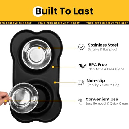 Conlun Dog Bowls with Silicone Feeding Mat, No Spill Food Water Dish Set, Dishwasher Safe, 2 Stainless Steel Puppy Bowls, Suitable for Tiny Dogs Kittens Cats Rabbits Pets under 8lbs, Extra Small,Black - color: Black, size: Extra Small-5 oz
